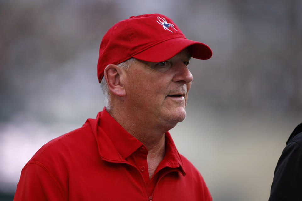 Richmond coach Russ Huesman watches during the second half of an NCAA college football game against Michigan State, Saturday, Sept. 9, 2023, in East Lansing, Mich. Michigan State won 45-14. (AP Photo/Al Goldis)