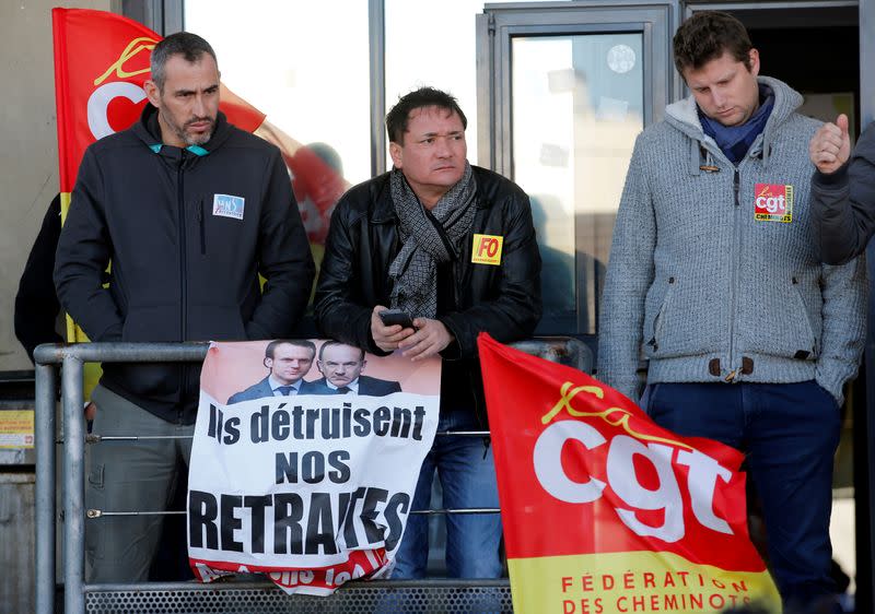 French SNCF workers gather and vote at a railway station as the strike to protest against French government's pensions reform plans continues, in Marseille