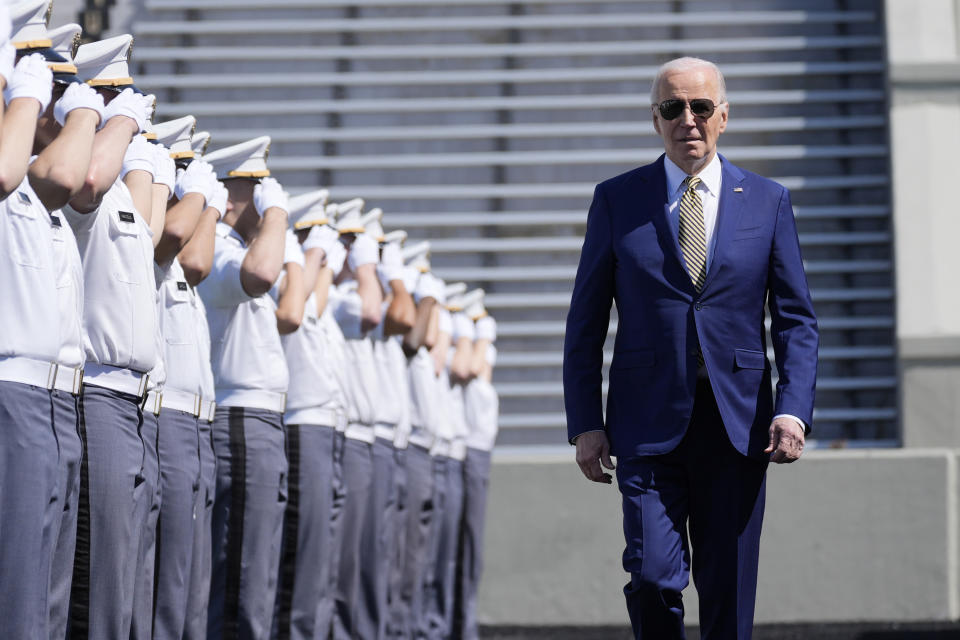 President Joe Biden walks to speak to graduating cadets at the U.S. Military Academy commencement ceremony, Saturday, May 25, 2024, in West Point, N.Y. (AP Photo/Alex Brandon)