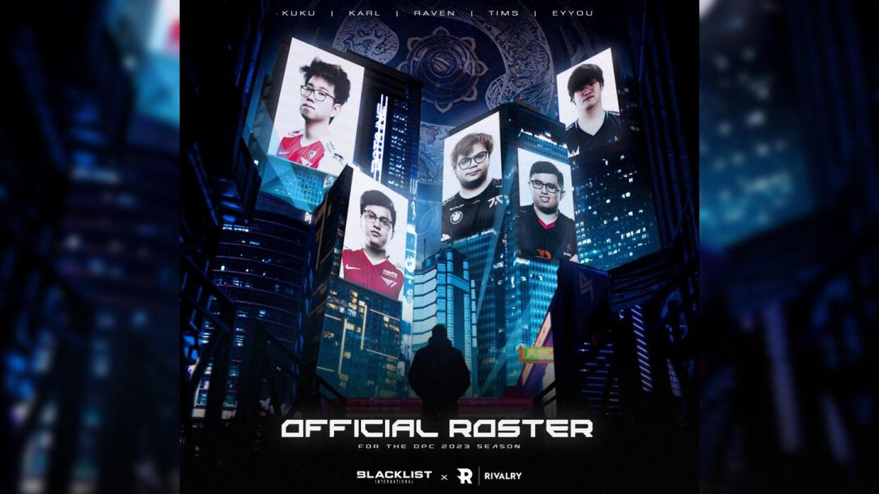 Blacklist International's Dota 2 squad has finally been revealed, featuring a Filipino all-star lineup of Raven, Karl, Kuku, Tims, and eyyou. (Photo: Blacklist International)