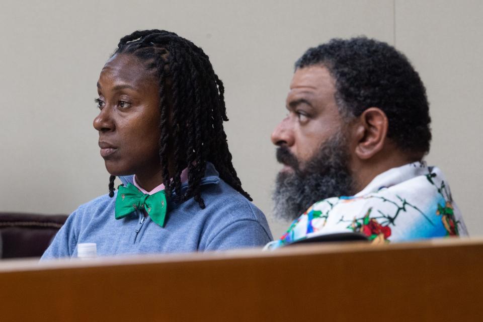 Constance Every, left, and Aaron Valentine, right, during their trial in Knox County Criminal Court on Monday, April 8, 2024.