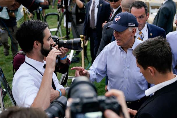 PHOTO: President Joe Biden speaks ABC News' Ben Gittleson as he departs the Congressional Picnic on the South Lawn of the White House, July 12, 2022, in Washington. (Patrick Semansky/AP)