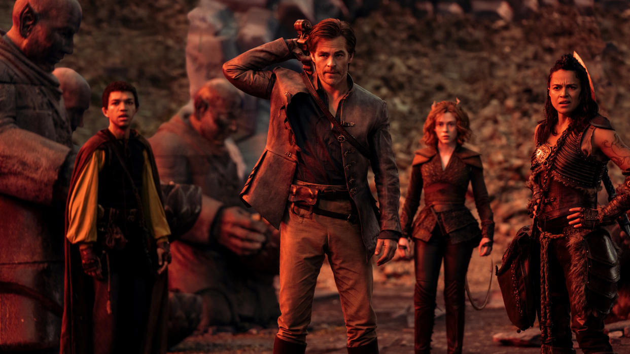 Justice Smith plays Simon, Chris Pine plays Edgin, Sophia Lillis plays Doric and Michelle Rodriguez plays Holga in Dungeons & Dragons: Honor Among Thieves. (Photo: Paramount Pictures)