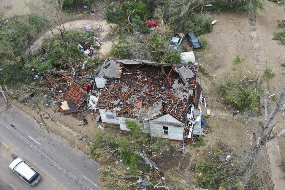 This image taken with a drone shows tornado damage, Friday, Jan. 13, 2023, in Selma, Ala. (DroneBase via AP)