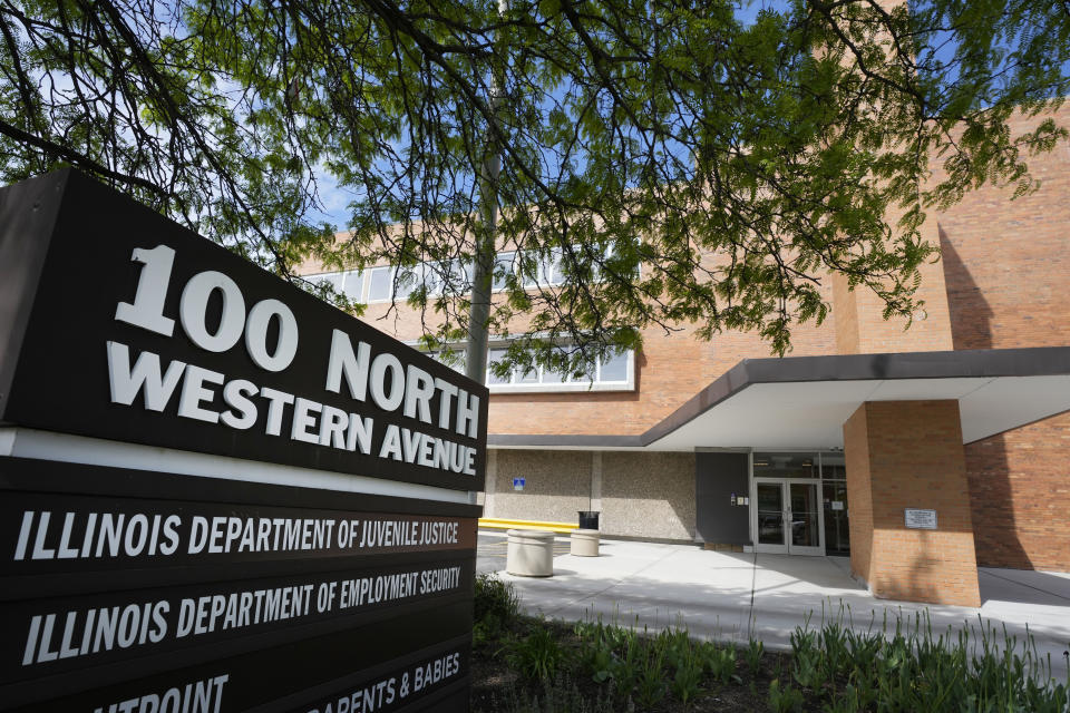 The office building at 100 North Western Avenue in Chicago, on Monday, May 6, 2024, where an office of the Illinois Department of Juvenile Justice is located. Child sexual abuse at Illinois juvenile detention centers was pervasive and systemic for decades, according to disturbing accounts in a lawsuit filed Monday by 95 men and women housed at youth centers as children. (AP Photo/Charles Rex Arbogast)