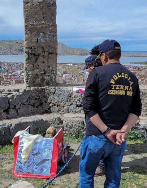 PHOTO: Puno TV shows members of the Decentralized Directorate of Culture of Puno and the police investigating the founding of a mummy inside a cooler box used by a delivery service worker in Puno, Peru. (Puno TV/AFP via Getty Images)