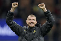 Inter Milan's Edin Dzeko celebrates after the Champions League semifinal first leg soccer match between AC Milan and Inter Milan at the San Siro stadium in Milan, Italy, Wednesday, May 10, 2023. (AP Photo/Luca Bruno)