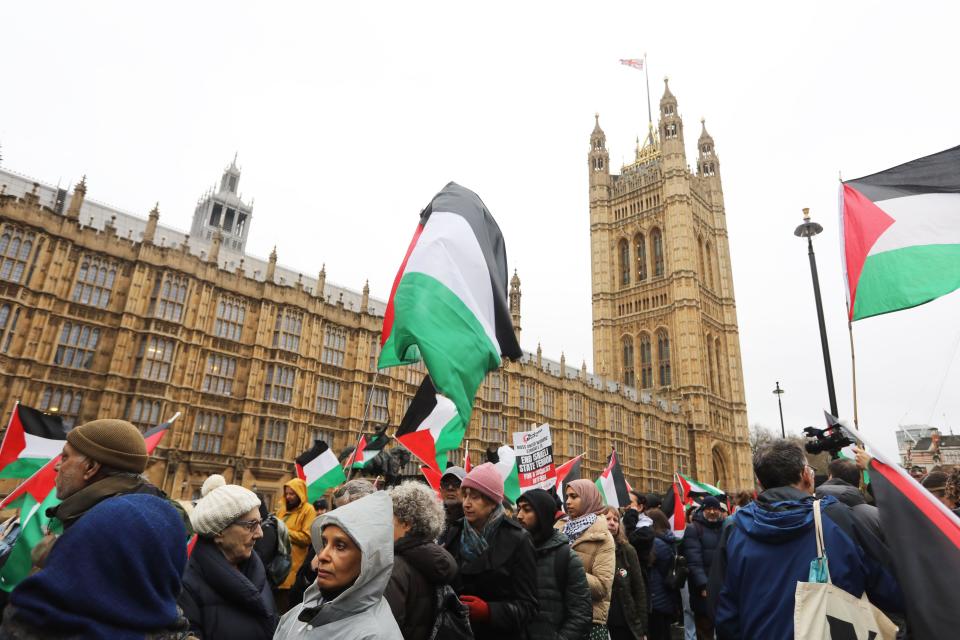 London, UK, 21st February 2024. While chaotic scenes developed in the House of Commons, with speaker Lindsay  Hoyle going against protocol and allowing a Labour and Govt amendment to the SNP's call for an immediate ceasefire., pro Palestine supporters queued to lobby their own MPs to vote for the ceasefire.