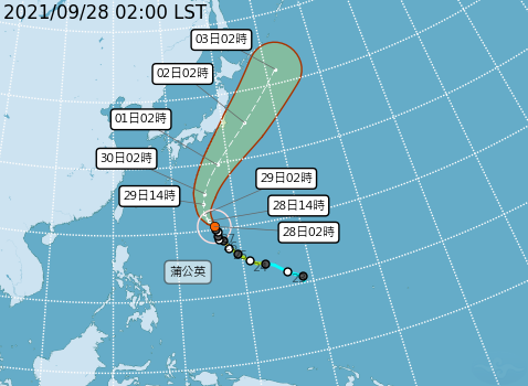 「蒲公英」颱風今天凌晨2時的位置，在台北東南東方1610公里海面上，根據目前路徑預測，暫時沒有直接登陸日本的機會。   圖：中央氣象局/提供