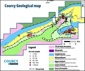 General geology of the Courcy property illustrating exploration targets defined by prior rock geochemistry analyses.