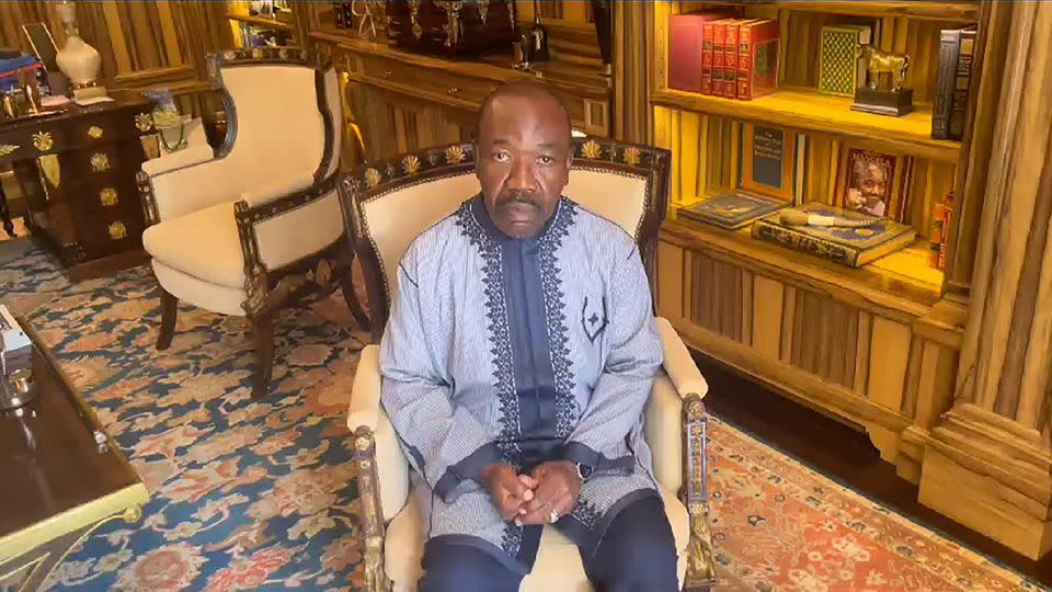 President Ali Bongo Ondimba appeared in a video in his residence in Libreville on Wednesday, calling on his "friends" to "make noise," following the coup. - BTP advisers on behalf of the President's Office/AP