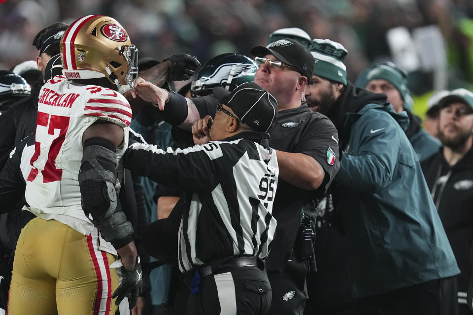 Dre Greenlaw (57) says that he and Dom DiSandro exchanged apologies after Sunday's confrontation. (Photo by Mitchell Leff/Getty Images)