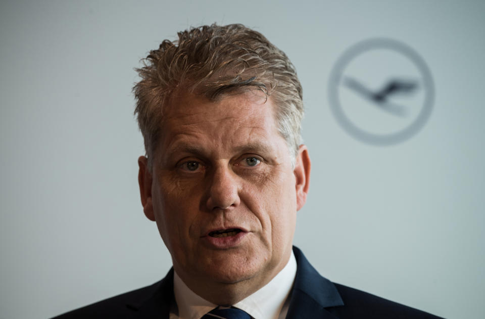 04 March 2018, Germany, Frankfurt am Main: Harry Hohmeister, board member of Lufthansa, stands in front of the airline's logo at the airport. Photo: Andreas Arnold/dpa (Photo by Andreas Arnold/picture alliance via Getty Images)