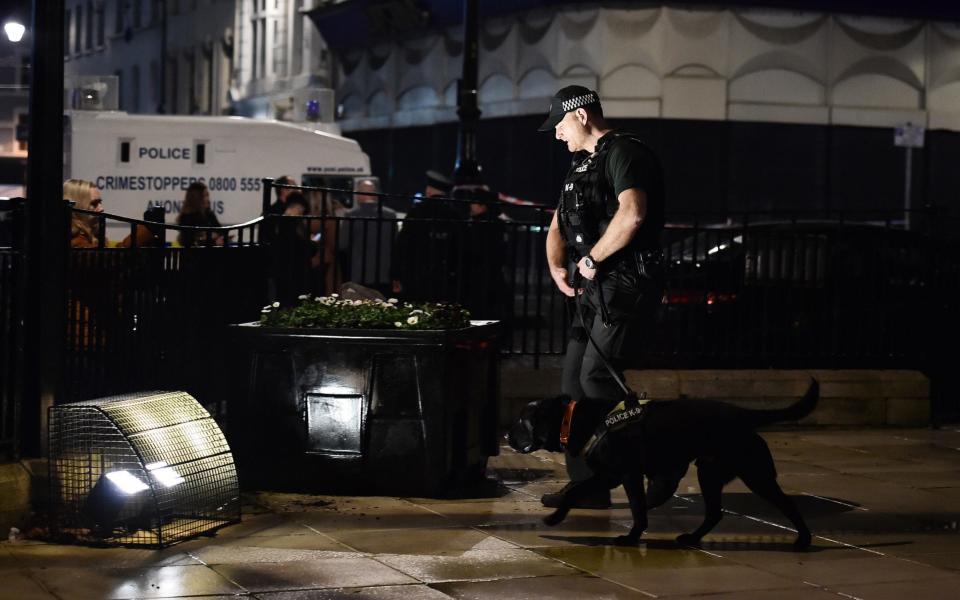 A police officer and his sniffer dog inspect the scene near the remains of the car that was earlier hijacked and packed with explosives before being detonated outside Derry court house - Getty Images Europe