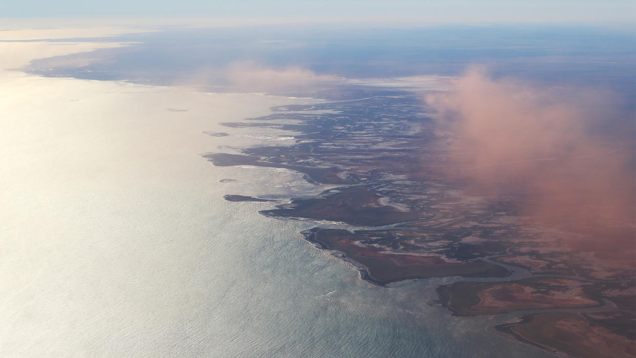  The Pilbara coast of Western Australia flying towards the Gorgon liquefied natural gas (LNG) and carbon capture and storage (CCS) facility, operated by Chevron Corp., at Barrow Island, Australia, on Monday, July 24, 2023. 