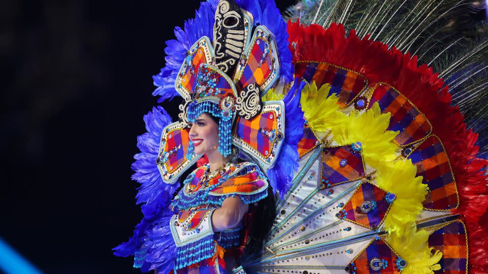 Miss Honduras paid tribute to the Lenca people and their indigenous crafts and artistry — skills that have survived for centuries thanks to oral history and ancestral tradition. Panels on her intricate feathered, beaded and embroidered costume revealed portraits of some of the artisans. - Hector Vivas/Getty Images