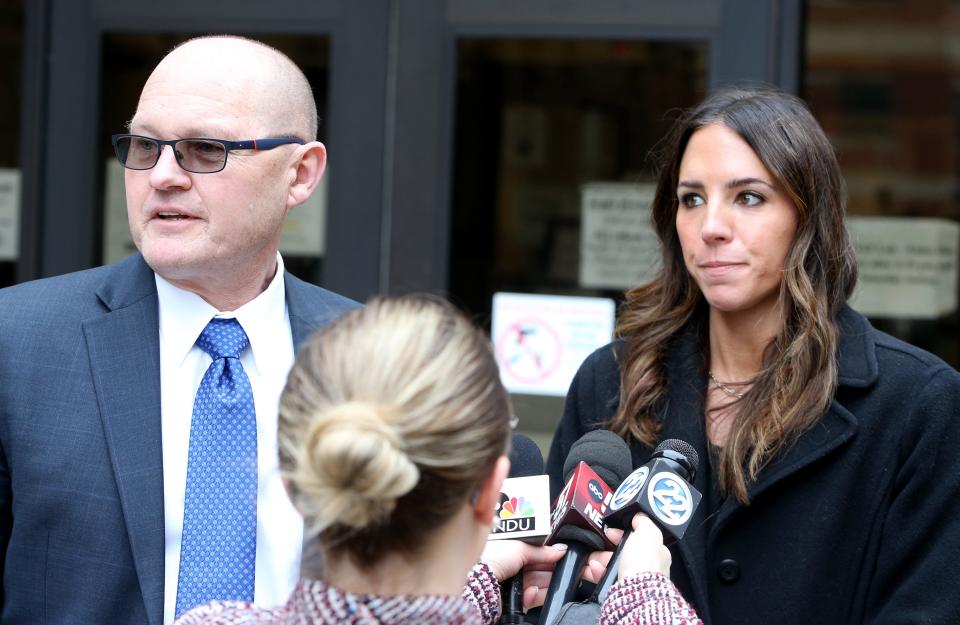 Attorneys Jeff Kimmell, left, and Andrea Beachkofsky, representing Anthony Hutchens, speak to reporters Friday, March 31, 2023, after the sentencing of Hutchens in Superior Court in South Bend.