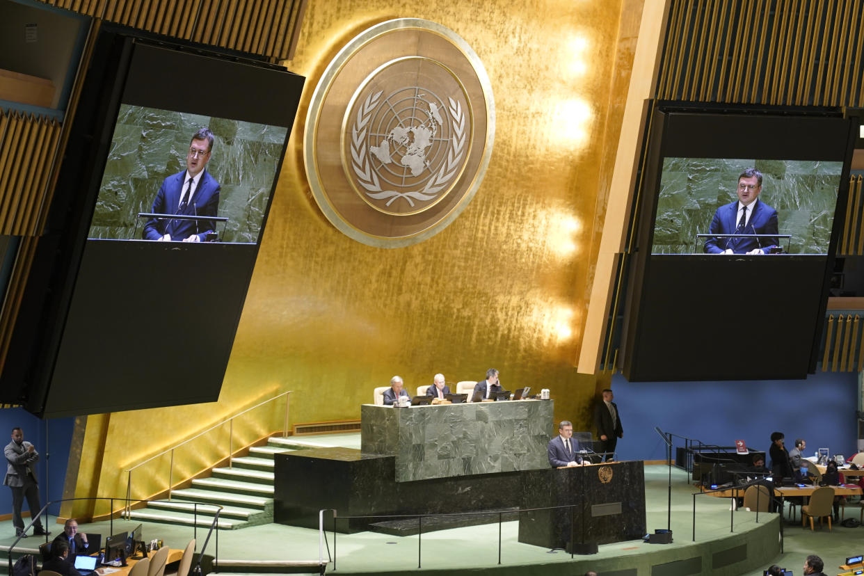 Ukrainian Foreign Minister Dmytro Kuleba addresses the 11th emergency special session of the General Assembly, Wednesday, Feb. 22, 2023 at United Nations headquarters. (AP Photo/Mary Altaffer)