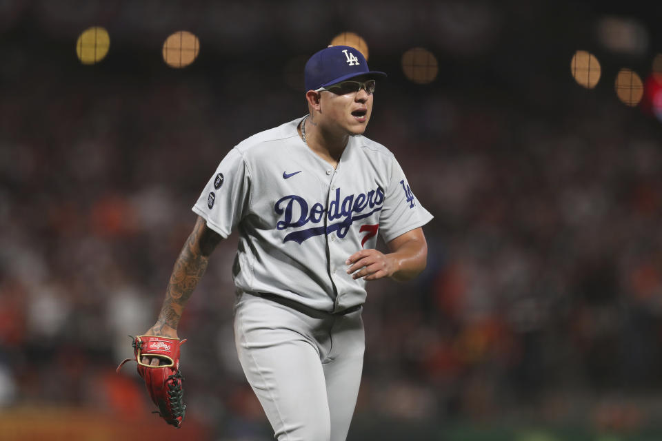 Los Angeles Dodgers pitcher Julio Urias reacts during the fourth inning of Game 5 of a baseball National League Division Series against the San Francisco Giants Thursday, Oct. 14, 2021, in San Francisco. (AP Photo/Jed Jacobsohn)