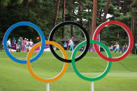 <p>KAWAGOE, JAPAN - JULY 30: Hideki Matsuyama of Team Japan plays his shot from the 16th tee during the second round of the Men's Individual Stroke Play on day seven of the Tokyo 2020 Olympic Games at Kasumigaseki Country Club on July 30, 2021 in Kawagoe, Saitama, Japan. (Photo by Chris Trotman/Getty Images)</p> 