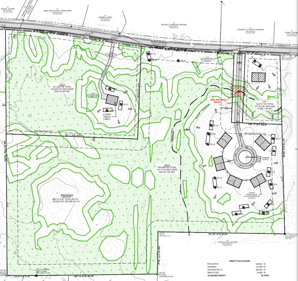This map shows how the owner of an open, undeveloped field on Thompson Road in Kennebunk, Maine, hopes to subdivide the land to make room for a new house and several duplexes.