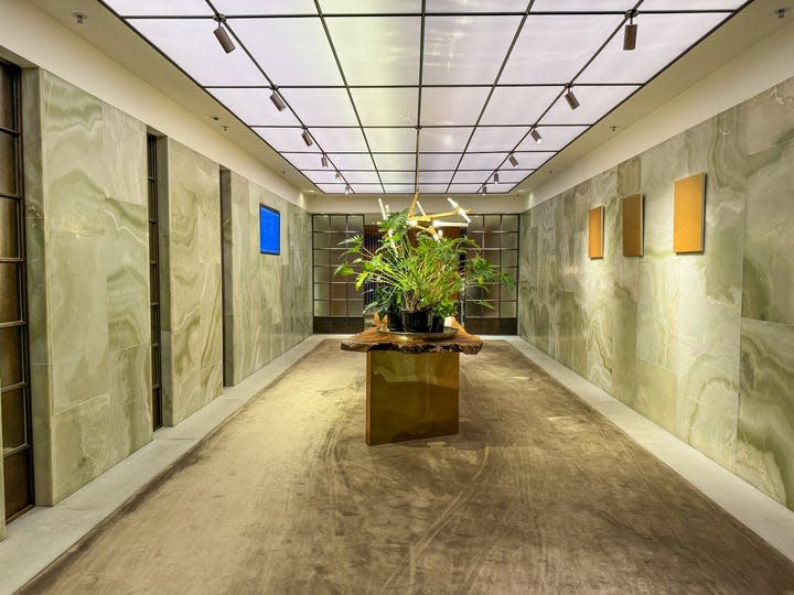 A wide hallway with muted tones is lined with onyx stone. A large tropical plant sits atop a live-edge wood table in the middle.