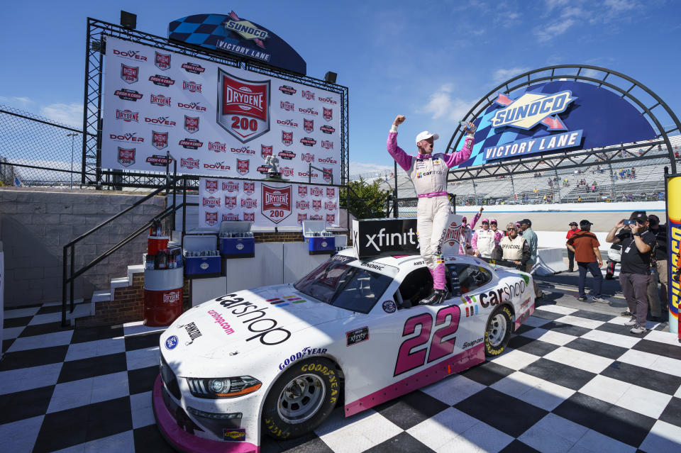 Austin Cindric reacts to his win in Victory Lane following a NASCAR Xfinity Series auto race at Dover International Speedway, Tuesday, June 15, 2021, in Dover, Del. (AP Photo/Chris Szagola)