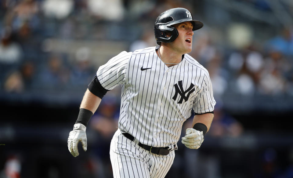 New York Yankees' Billy McKinney rounds the bases after hitting a home run against the Texas Rangers during the fourth inning of a baseball game, Saturday, June 24, 2023, in New York. (AP Photo/Noah K. Murray)