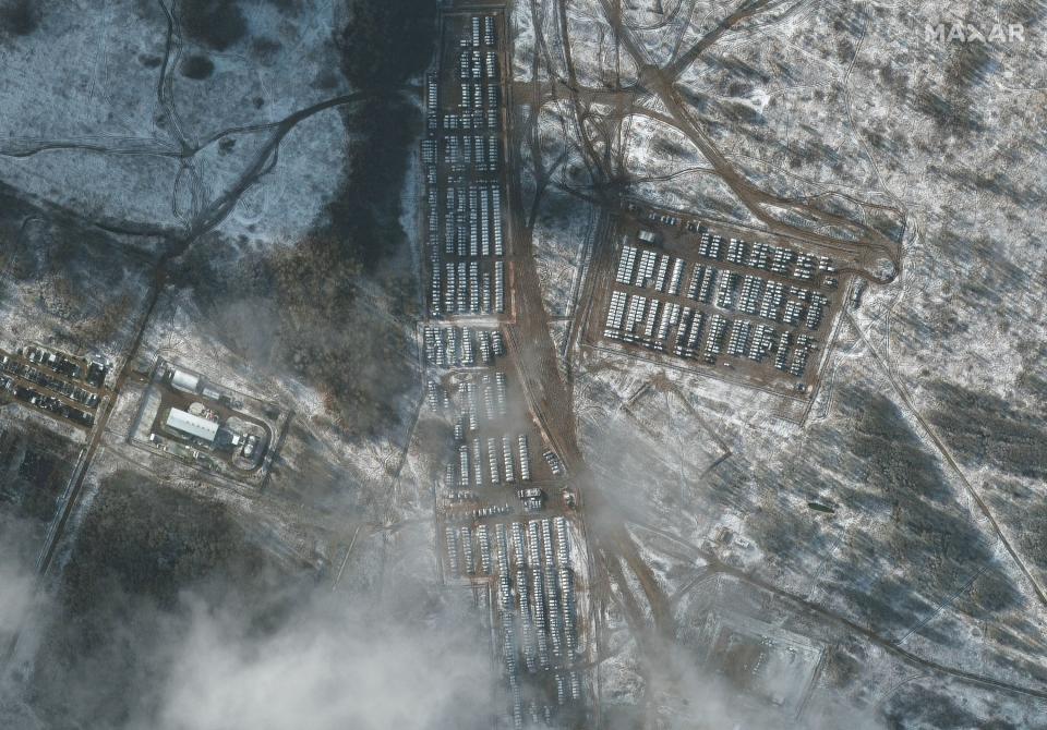 Elements of the 41st Combined Arms Army, including hundreds of tanks, self-propelled artillery and other military equipment (including an Iskander mobile short range ballistic missile (SRBM) unit) are deployed in a training area located approximately 160 miles north of the Russia–Ukraine border. Photo taken on Nov. 9, 2021.