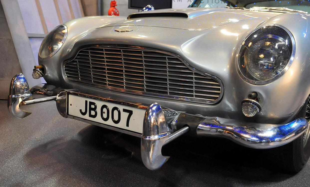 A close up of the Aston Martin DB5 used in the James Bond films Goldfinger and Thunderball before it was sold for 2.6 million at Battersea Evolution in London by RM Auctions. 