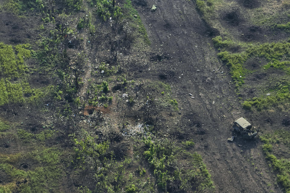 An aerial view near Bakhmut, the site of fierce battles with the Russian forces in the Donetsk region, Ukraine, Sunday, Sept. 3, 2023. (AP Photo/Libkos)
