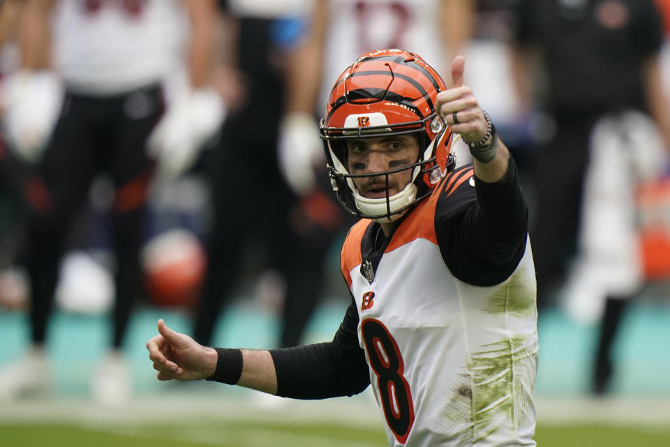 Cincinnati Bengals quarterback Brandon Allen (8) gestures during the first half of an NFL football game against the Miami Dolphins, Sunday, Dec. 6, 2020, in Miami Gardens, Fla. (AP Photo/Wilfredo Lee)