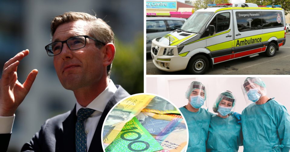 NSW Treasurer Dominic Perrottet, an Australian ambulance, Australian nurses and Australian $100 and $50 notes.