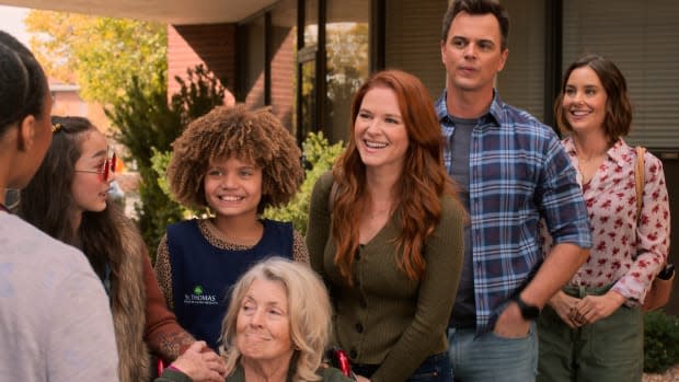 The cast of "Amber Brown," including Liliana Inouye as Brandi, Carsyn Rose as Amber Brown, Darin Brooks as Max, Sarah Drew as Sarah Brown and Ashley Williams as Aunt Pam<p>Apple TV+</p>