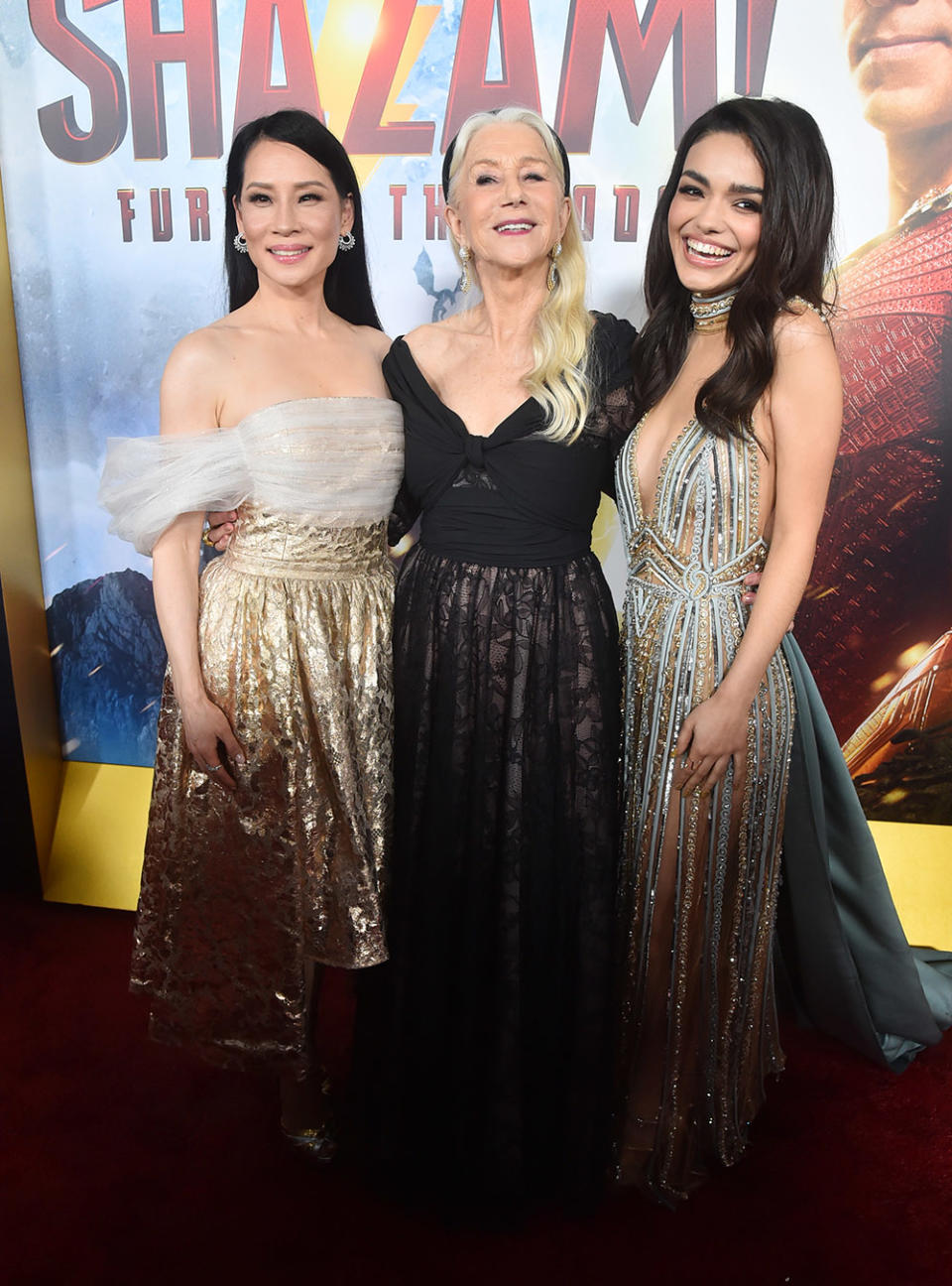 (L-R) Lucy Liu, Helen Mirren and Rachel Zegler attend the premiere of Warner Bros.' "Shazam! Fury Of The Gods" at Regency Village Theatre on March 14, 2023 in Los Angeles, California.