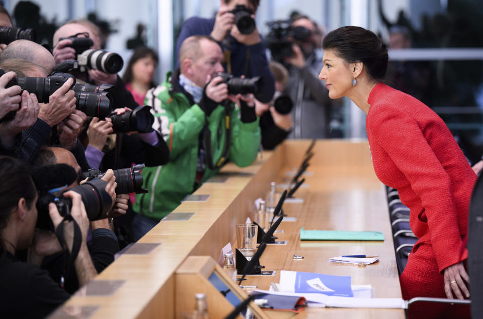 German Politician Sahra Wagenknecht sits down during the presentation of the party 'Buendnis Sahra Wagenknecht - fuer Vernunft und Gerechtigkeit' (Sahra Wagenknecht Alliance — Reason and Fairness) at the Federal Press Conference in Berlin, Germany, Monday, Jan. 8, 2024. The high-profile German opposition politician on Monday formally founded a new party that combines left-wing economic policy with a restrictive approach to migration and other positions that some observers believe could take votes away from the far-right Alternative for Germany. (Bernd von Jutrczenka/dpa via AP)