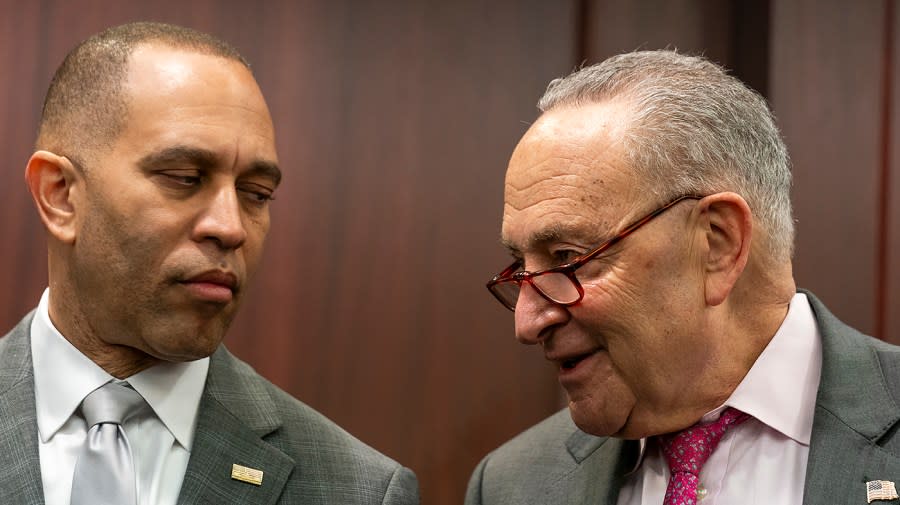 Minority Leader Hakeem Jeffries (D-N.Y.) and Majority Leader Chuck Schumer (D-N.Y.)