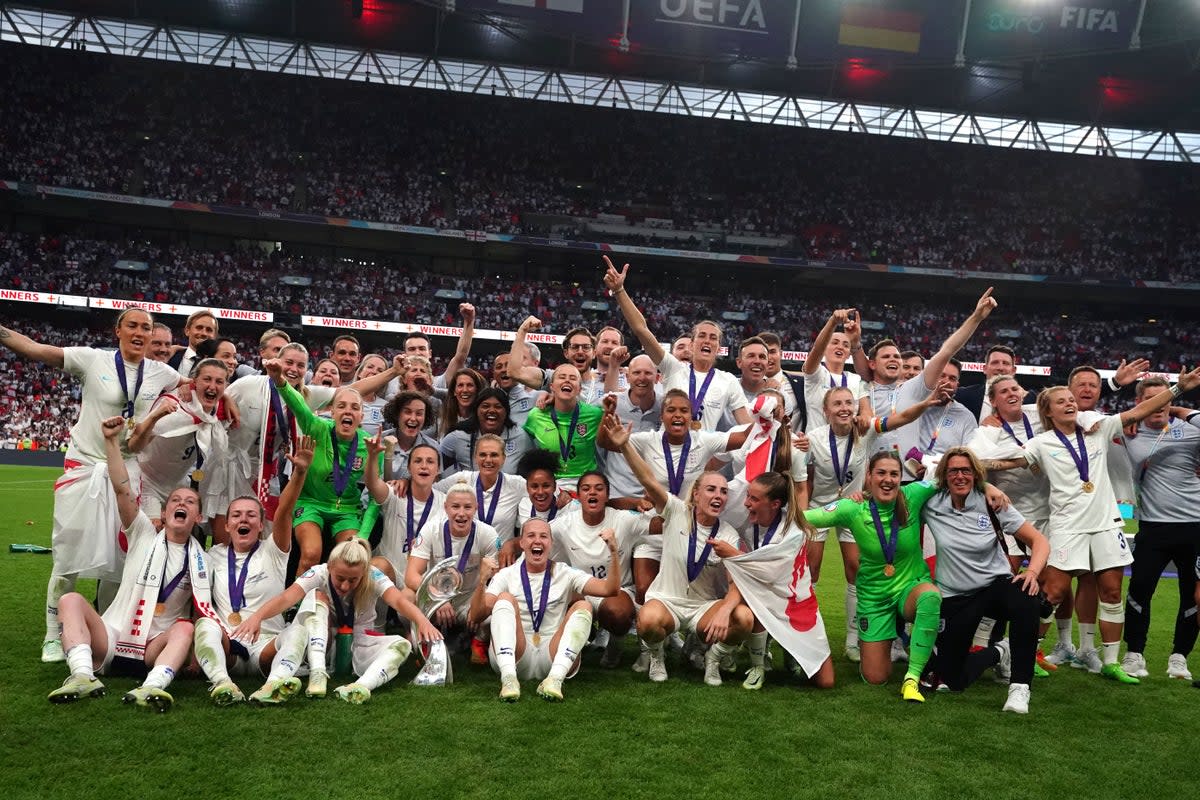England players celebrate with the trophy after winning UEFA Women’s Euro 2022 final at Wembley (Nick Potts/PA) (PA Wire)
