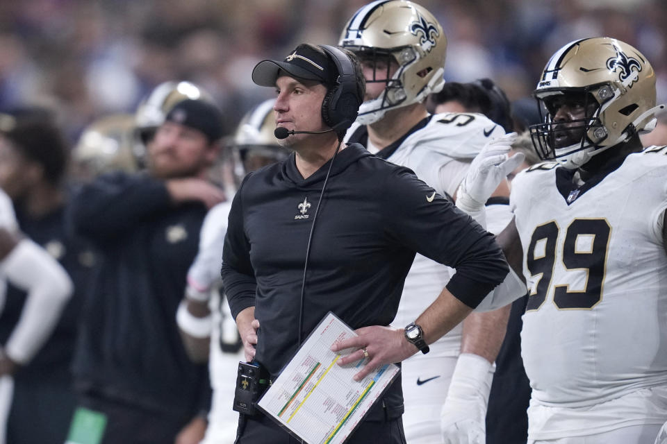 New Orleans Saints head coach Dennis Allen watches against the Indianapolis Colts during the first half of an NFL football game Sunday, Oct. 29, 2023 in Indianapolis. (AP Photo/Michael Conroy)