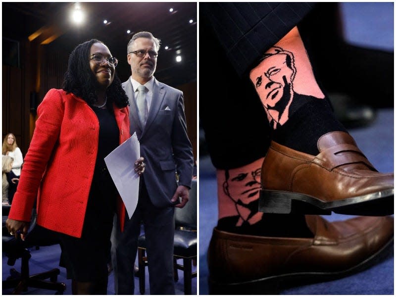 Left: Judge Ketanji Brown Jackson and her husband Dr. Patrick Jackson. Right: Patrick Jackson's socks with the face of John F. Kennedy.