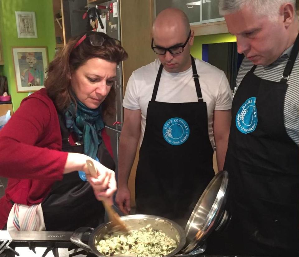 Shai Fargian and Frank Scibelli prepare food with famed Greek chef Diane Kochilas on a trip to Greece.