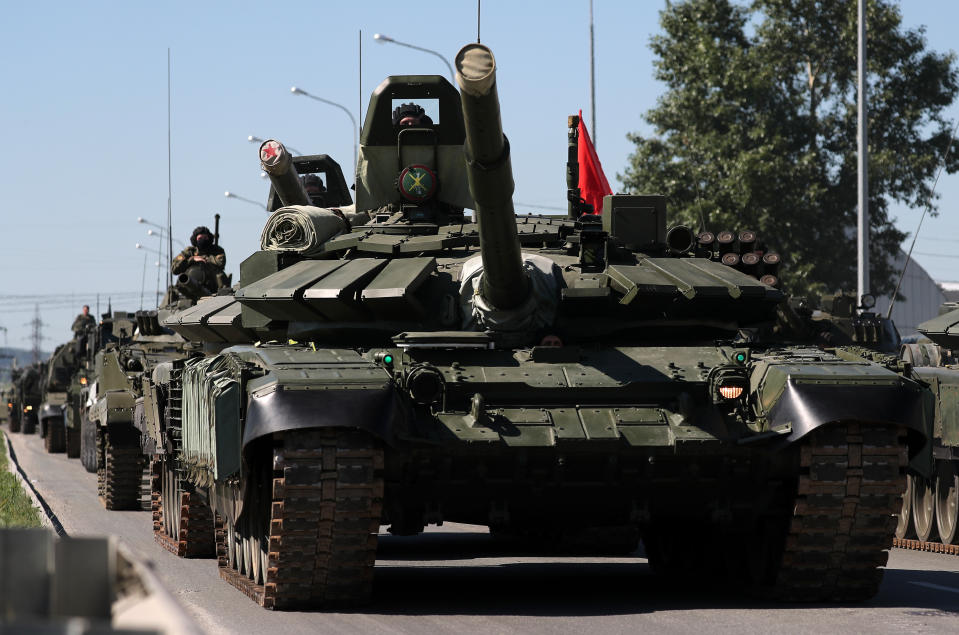 YEKATERINBURG, RUSSIA  JUNE 8, 2020: A T-72B3M tank and other military hardware are seen during a rehearsal of a military parade marking the 75th anniversary of the Victory in WWII. Victory Day parades across Russia have been postponed due to lockdown restrictions imposed in connection with the pandemic of the novel coronavirus disease (COVID-19). Donat Sorokin/TASS (Photo by Donat Sorokin\TASS via Getty Images)