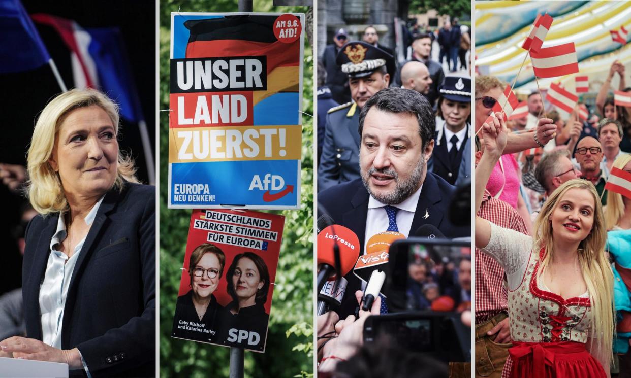 <span>The far-right Identity and Democracy group, which is predicted to gain seats in June’s EU parliamentary elections, includes Marine Le Pen’s National Rally in France, Germany’s Alternative für Deutschland, Matteo Salvini’s League in Italy and Austria’s Freedom party.</span><span>Photograph: Getty Images, EPA and Alamy</span>