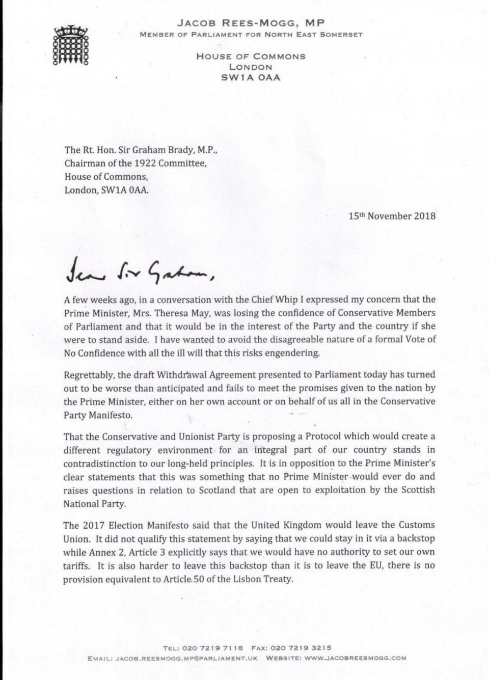 Jacob Rees-Mogg's letter of no confidence in the Prime Minister