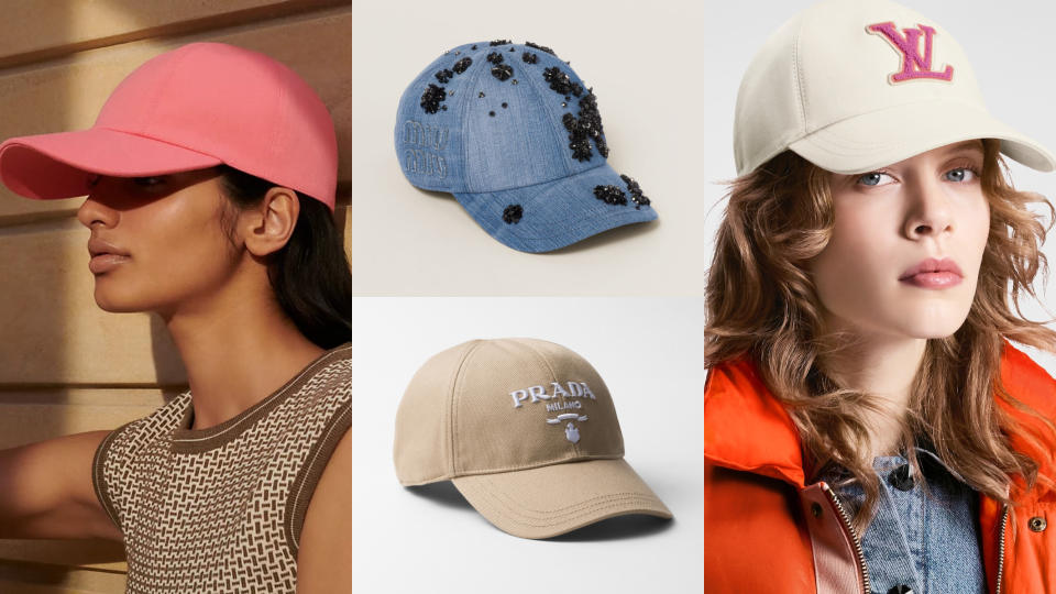 棒球帽搭配技巧：穿搭小白不出錯的首選色系、這樣搭減齡效果更加倍！加碼誰戴誰時髦的精品棒球帽！圖片來源：(左)Hermès、(中上)Miu Miu、(中下)Prada、(右)Louis Vuitton