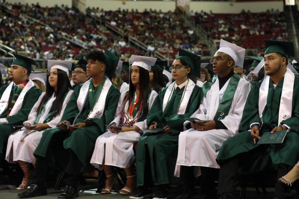 A group of graduates during the Hoover High graduation ceremony held at the Save Mart Center on June 6, 2023.