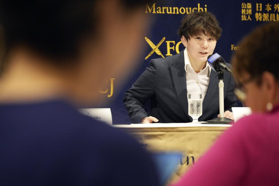 Rina Gonoi, former member of the Japan Ground Self-Defense Forces, speaks during the press conference at the Foreign Correspondents' Club of Japan, Wednesday, Dec. 13, 2023, in Tokyo. A Japanese court on Tuesday convicted three former soldiers in a sexual assault case that authorities had dropped until Gonoi came forward demanding a reinvestigation and prompting a military-wide harassment probe. (AP Photo/Eugene Hoshiko)