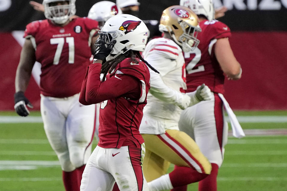 Arizona Cardinals wide receiver DeAndre Hopkins, reacts after missing a catch against the San Francisco 49ers during the second half of an NFL football game, Saturday, Dec. 26, 2020, in Glendale, Ariz. (AP Photo/Rick Scuteri)