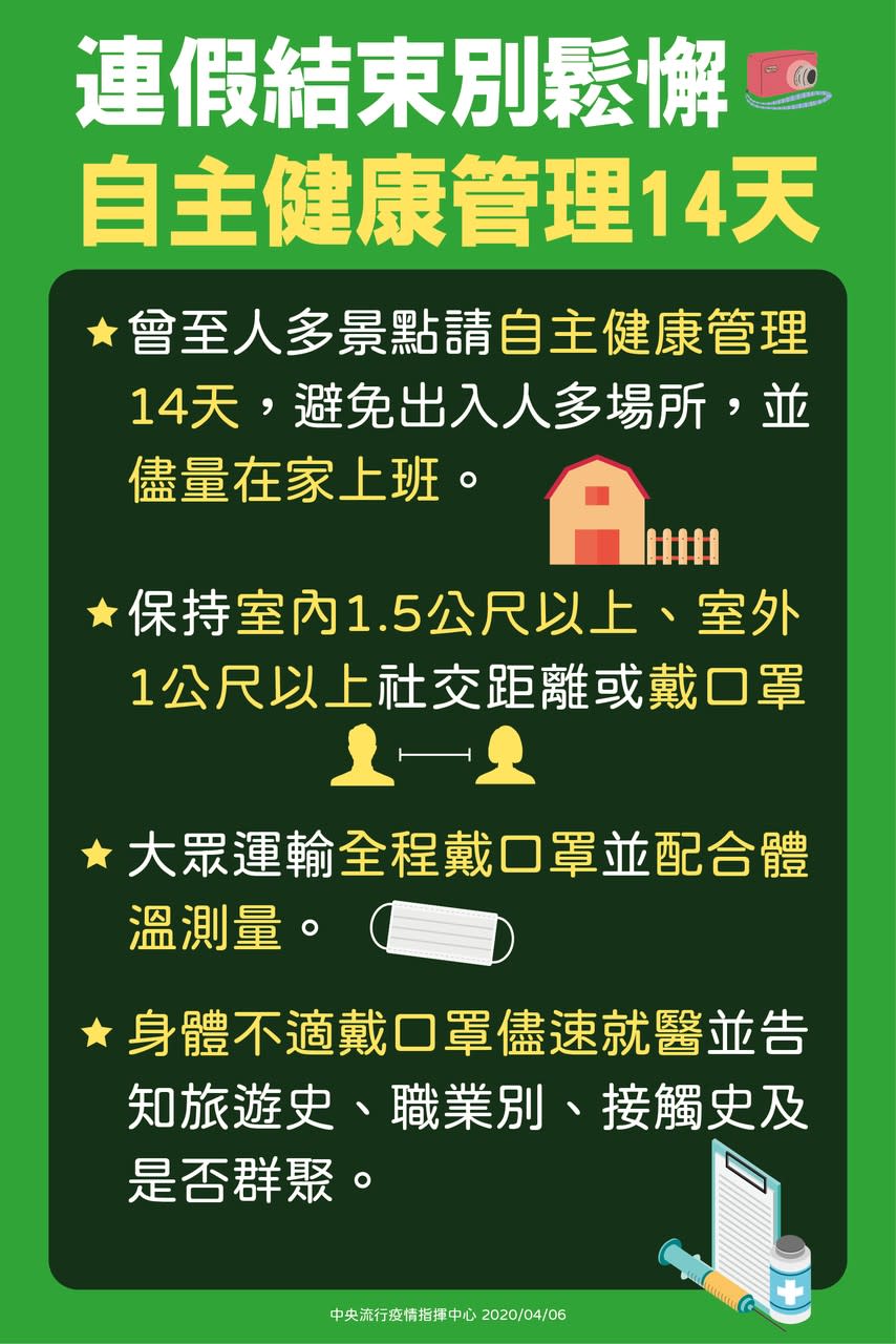 指揮中心指揮官陳時中今天宣布，因清明連假出遊者眾，可能增加群聚風險，盼民眾自主健康管理14天，避免出入公共場所，外出戴口罩、保持安全社交距離，身體不適應就醫。(指揮中心提供) 