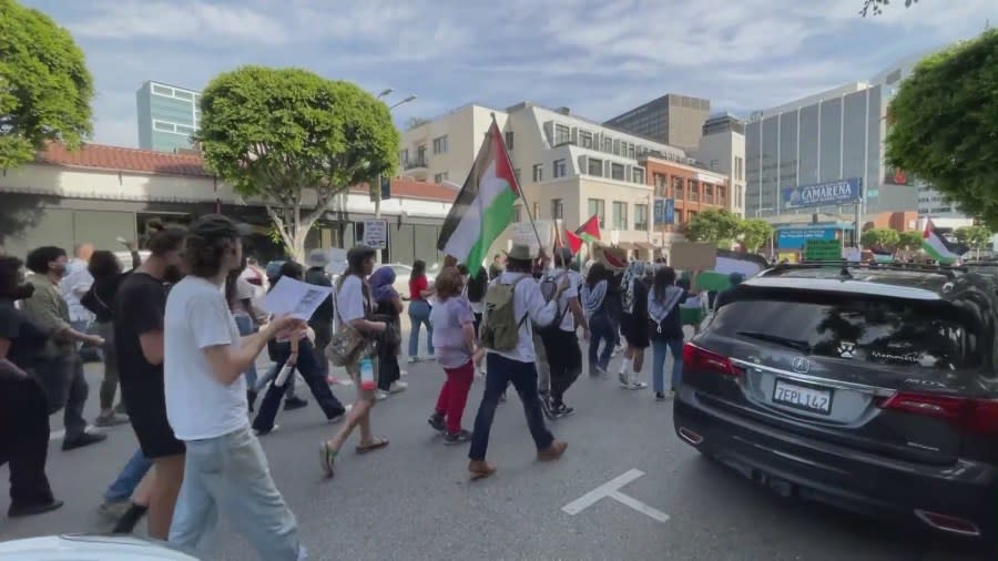 A large group of pro-Palestinian demonstrators marched in West Los Angeles on Nov. 4, 2023 calling for the end to Israel’s bombardment and occupation of Gaza. (KTLA)